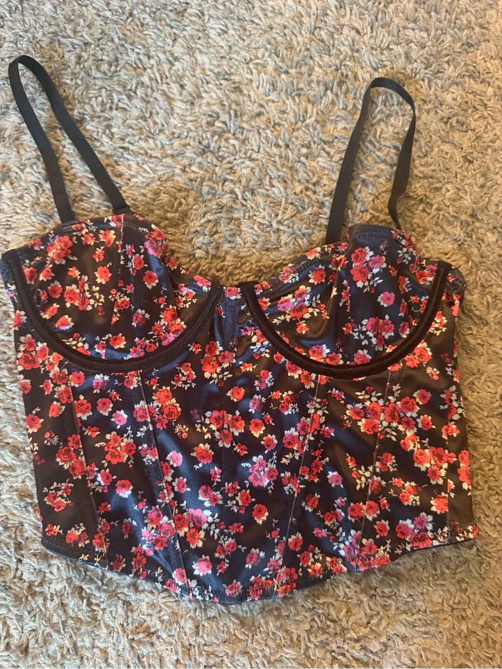 Forever 21 Black Floral Bustier Camisole with Red and Pink Flowers